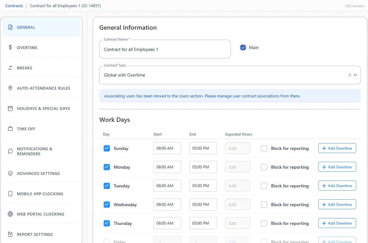 Contract editing page with General, Overtime, Breaks, Auto-attendance rules, Holidays and special days, Time off, Notifications, Advanced settings, Mobile app clocking, Web portal clocking and Report settings tabs, and the work days table