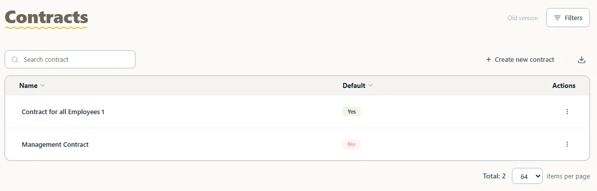 Contracts list with a default contract and a management contract