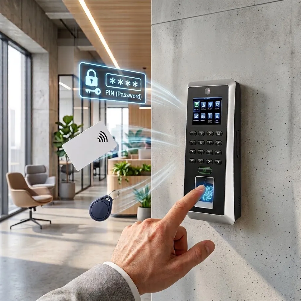Employee using an RFID card and PIN keypad reader