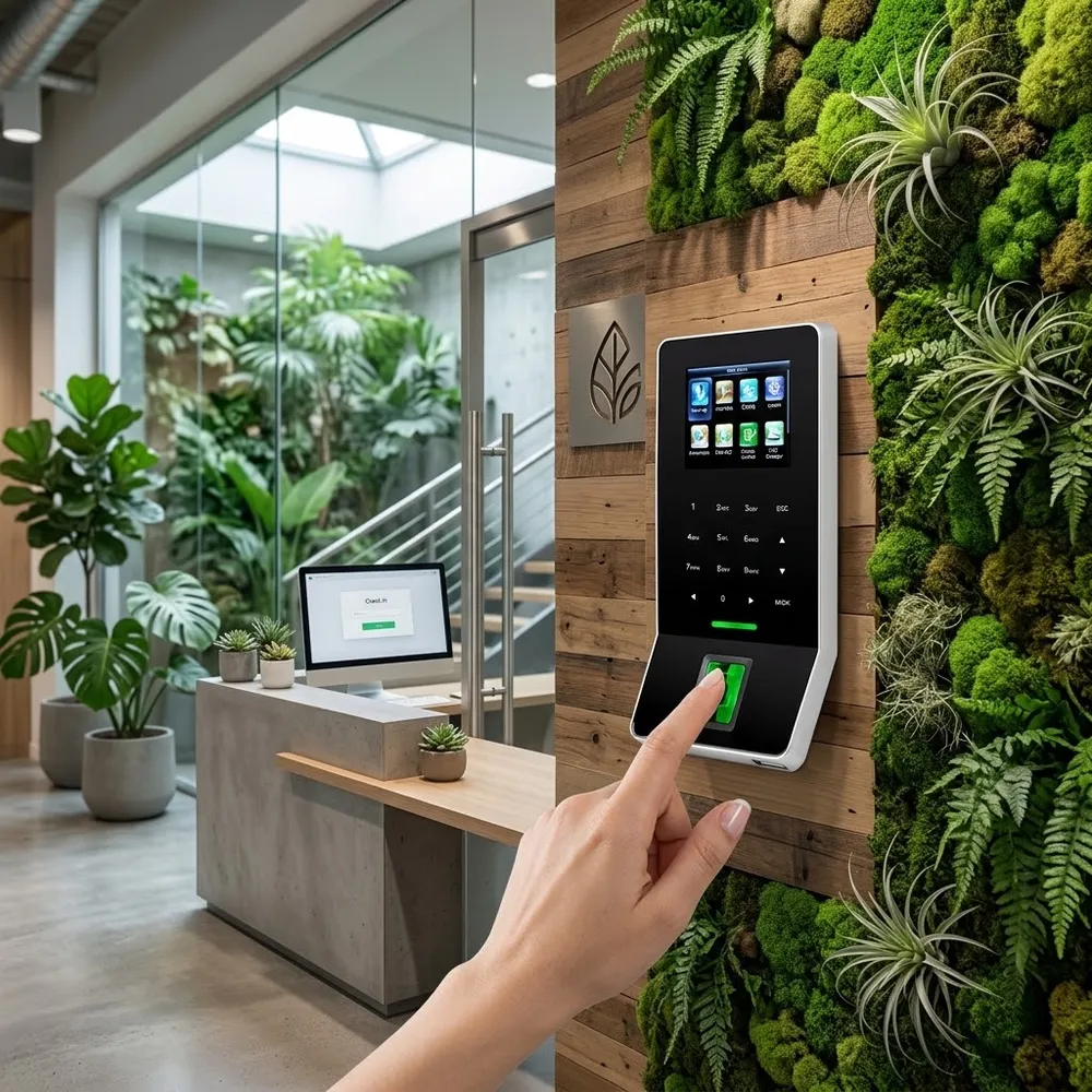 Employee clocking in with a fingerprint at a wall-mounted terminal