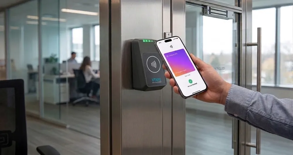 Employee opening a door with a phone using Apple Wallet on an NFC wallet reader