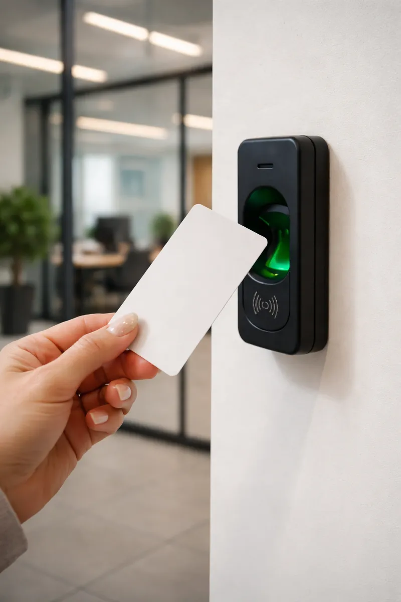 Employee tapping an access card on a door reader