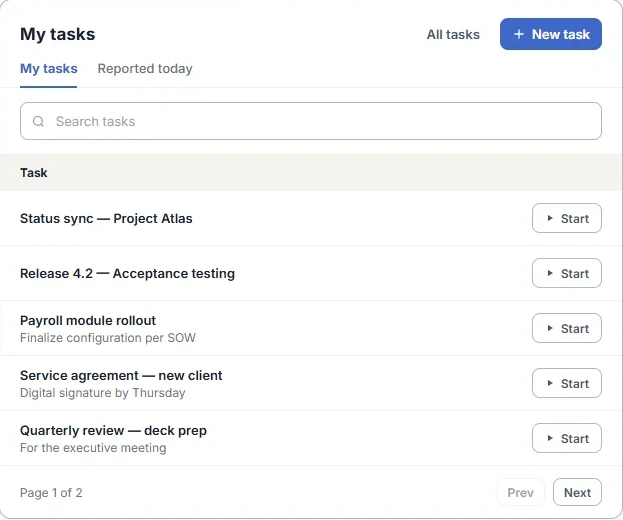 My tasks panel on the TimeClock 365 dashboard with Start buttons, Reported today tab and New task button