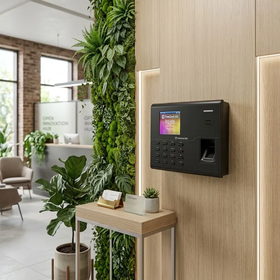TimeClock 365 biometric time clock mounted at an office entrance