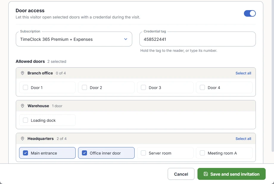 Door access for a visit: credential tag and allowed doors grouped by location, with Select all