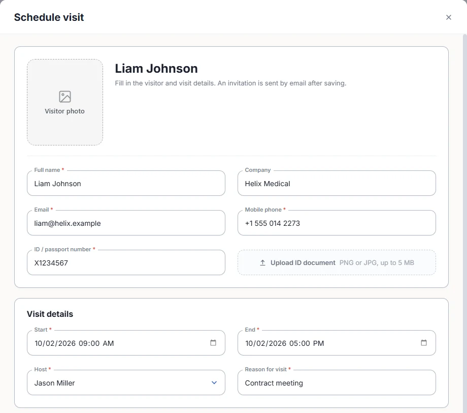Schedule visit form with visitor photo, full name, company, email, mobile phone, ID or passport number, ID document upload, start and end time, host and reason for visit