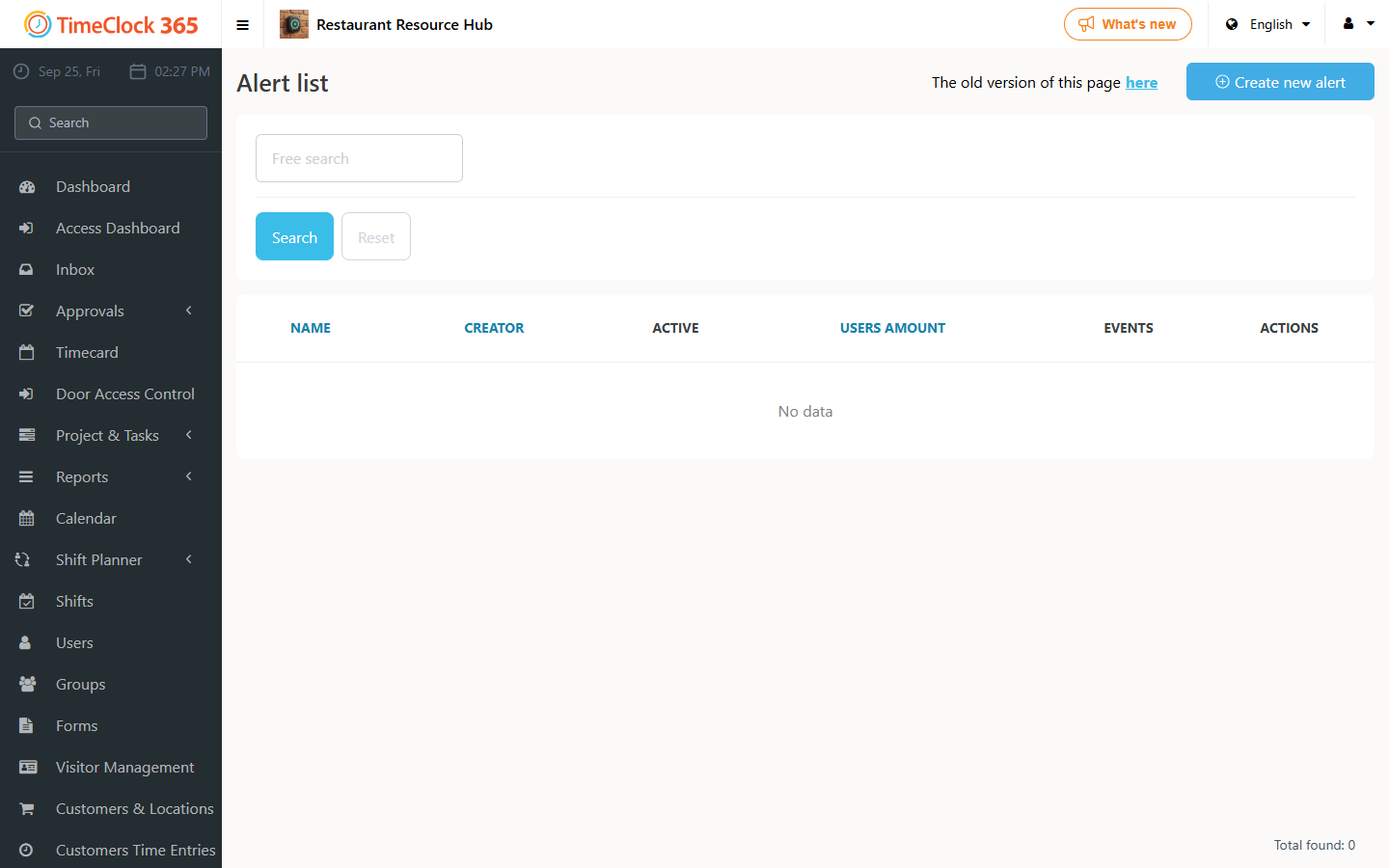 Alert list with Create new alert button
