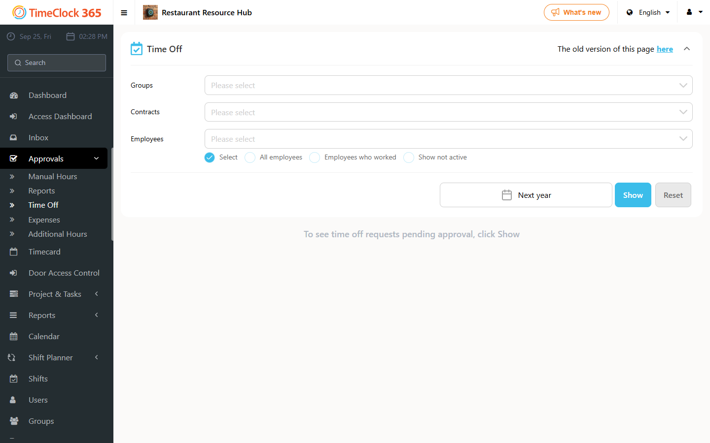 Approvals Time Off filters page
