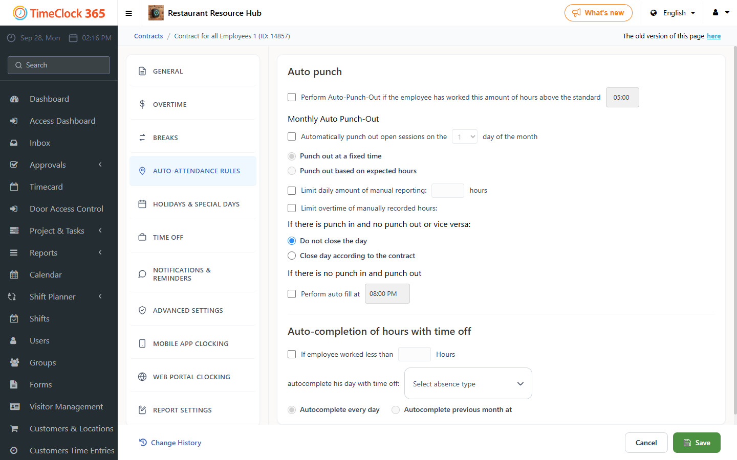 Contract Auto-attendance rules tab