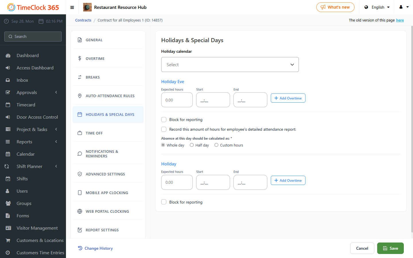 Contract Holidays and special days tab