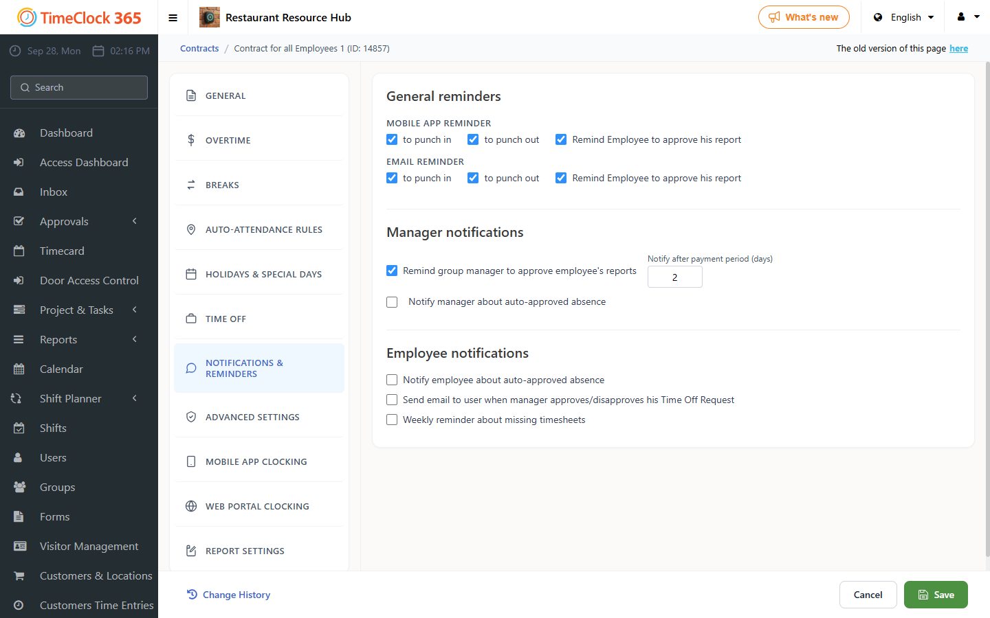 Contract Notifications and reminders tab