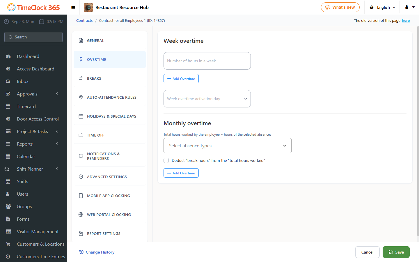 Contract Overtime tab with weekly and monthly overtime