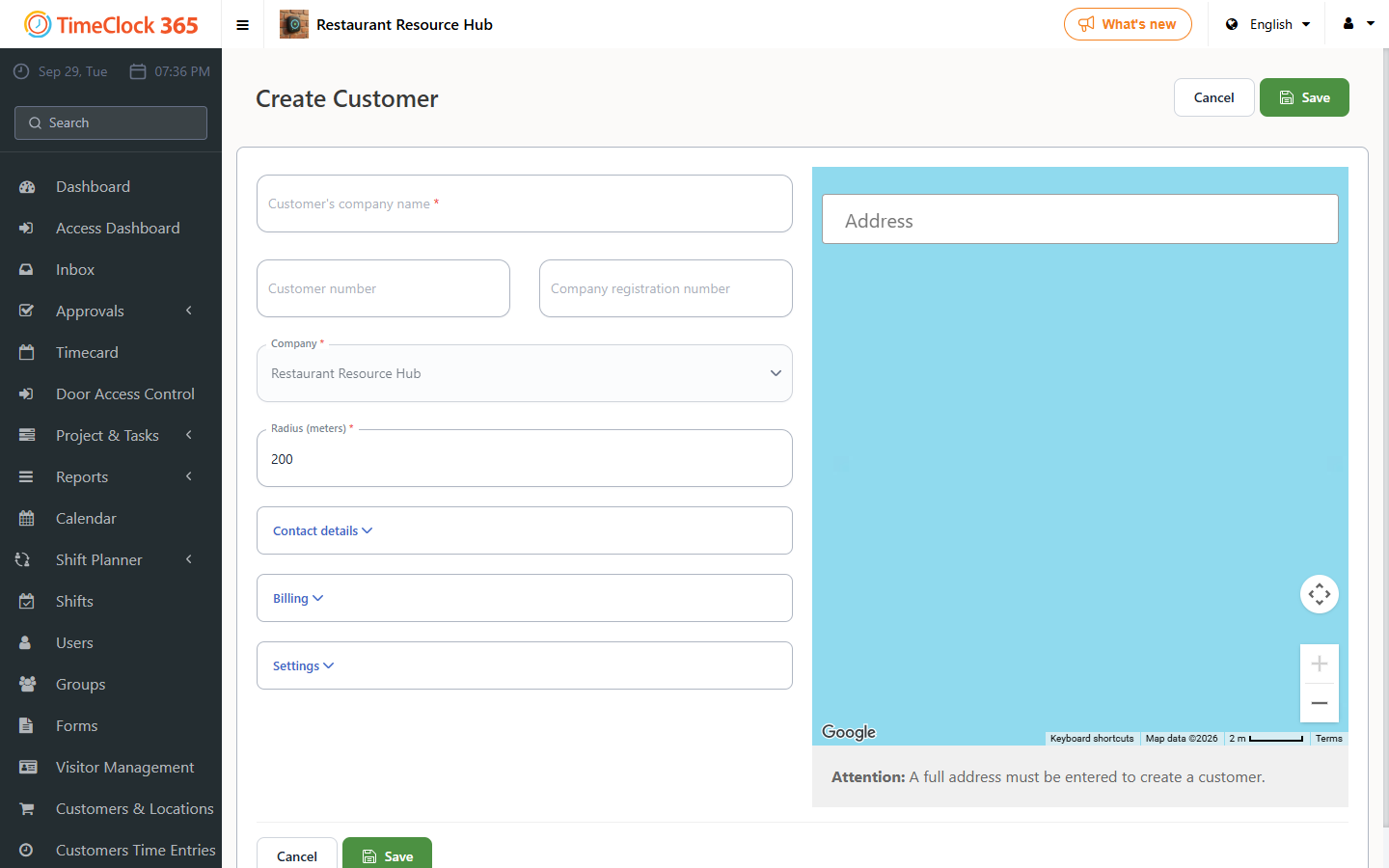 Create Customer form with Address and Radius (meters) fields
