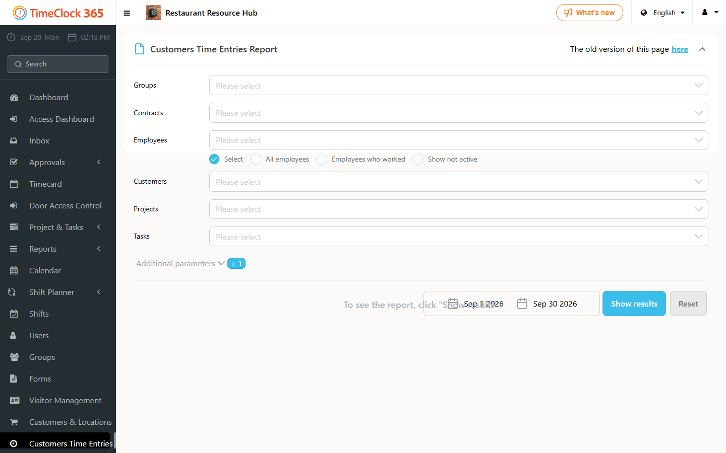 Customers Time Entries report filters