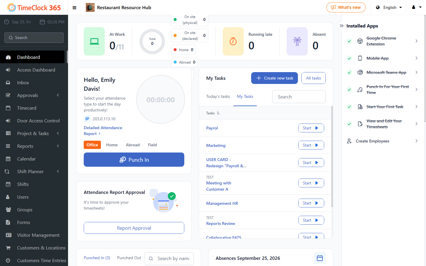 Employee dashboard with Punch in card