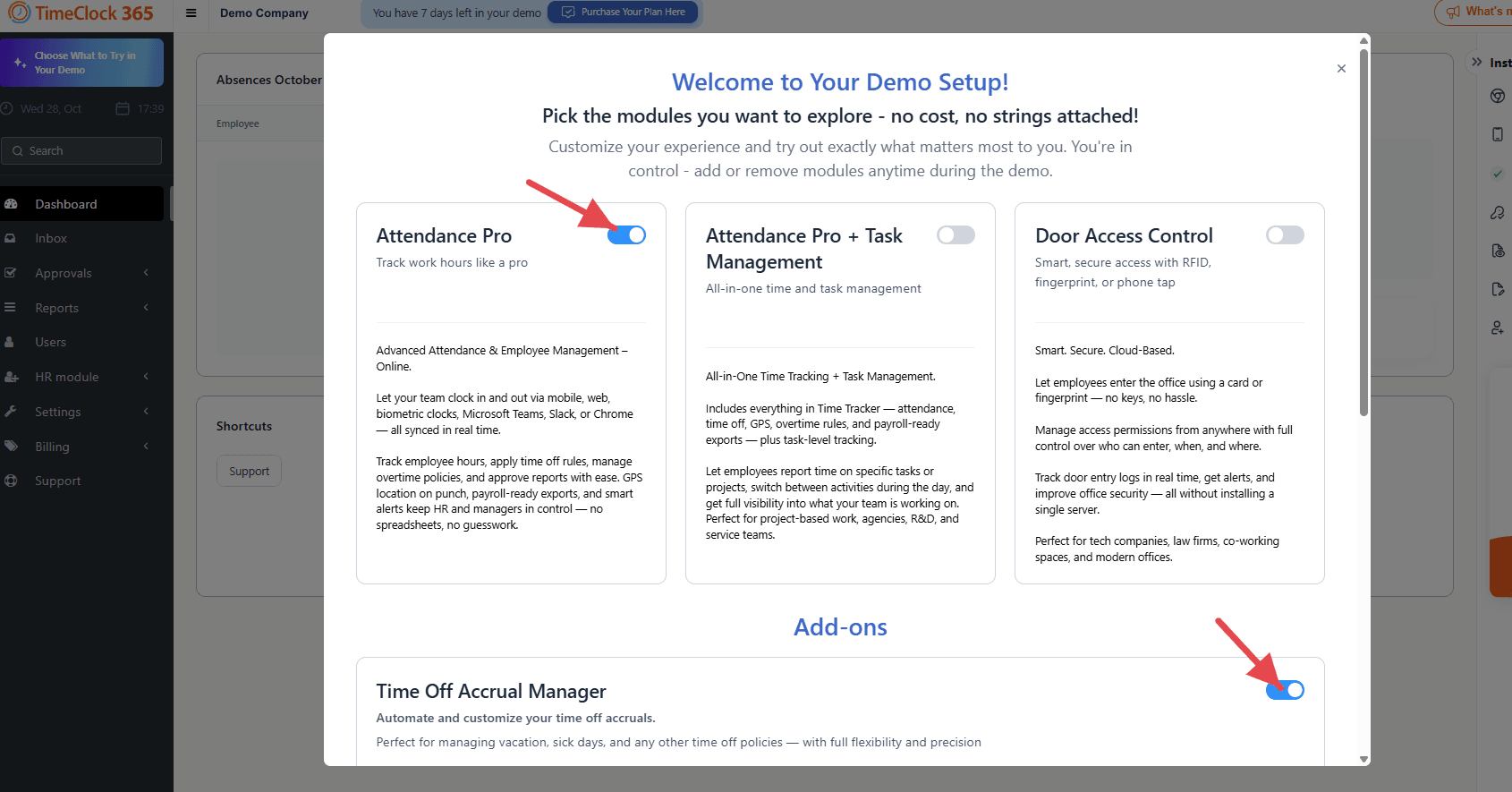 Welcome to Your Demo Setup window in TimeClock 365 with the Attendance Pro plan and the Time Off Accrual Manager add-on switched on