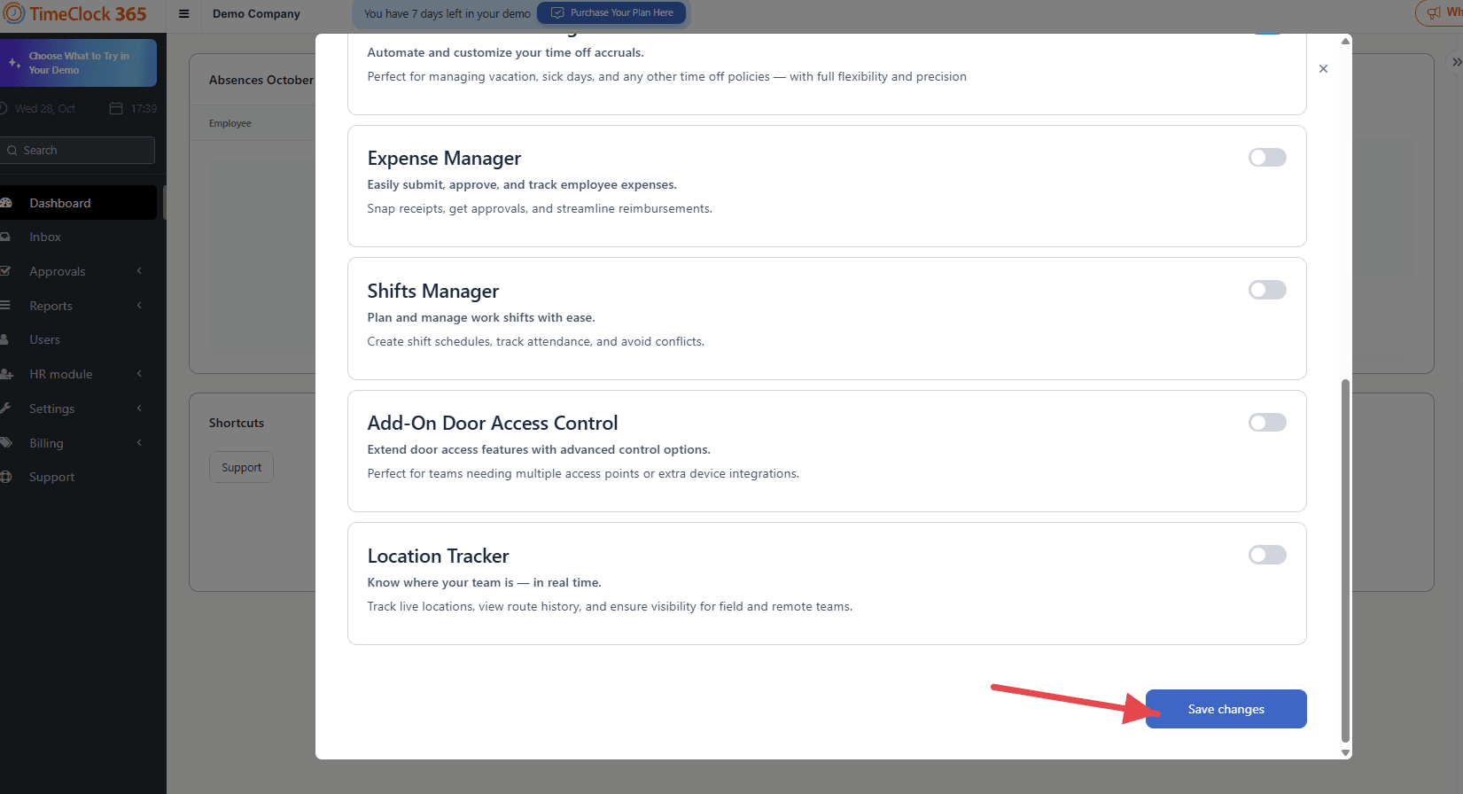 Demo Setup window scrolled down to the Expense Manager, Shifts Manager, Add-On Door Access Control and Location Tracker add-ons and the Save changes button