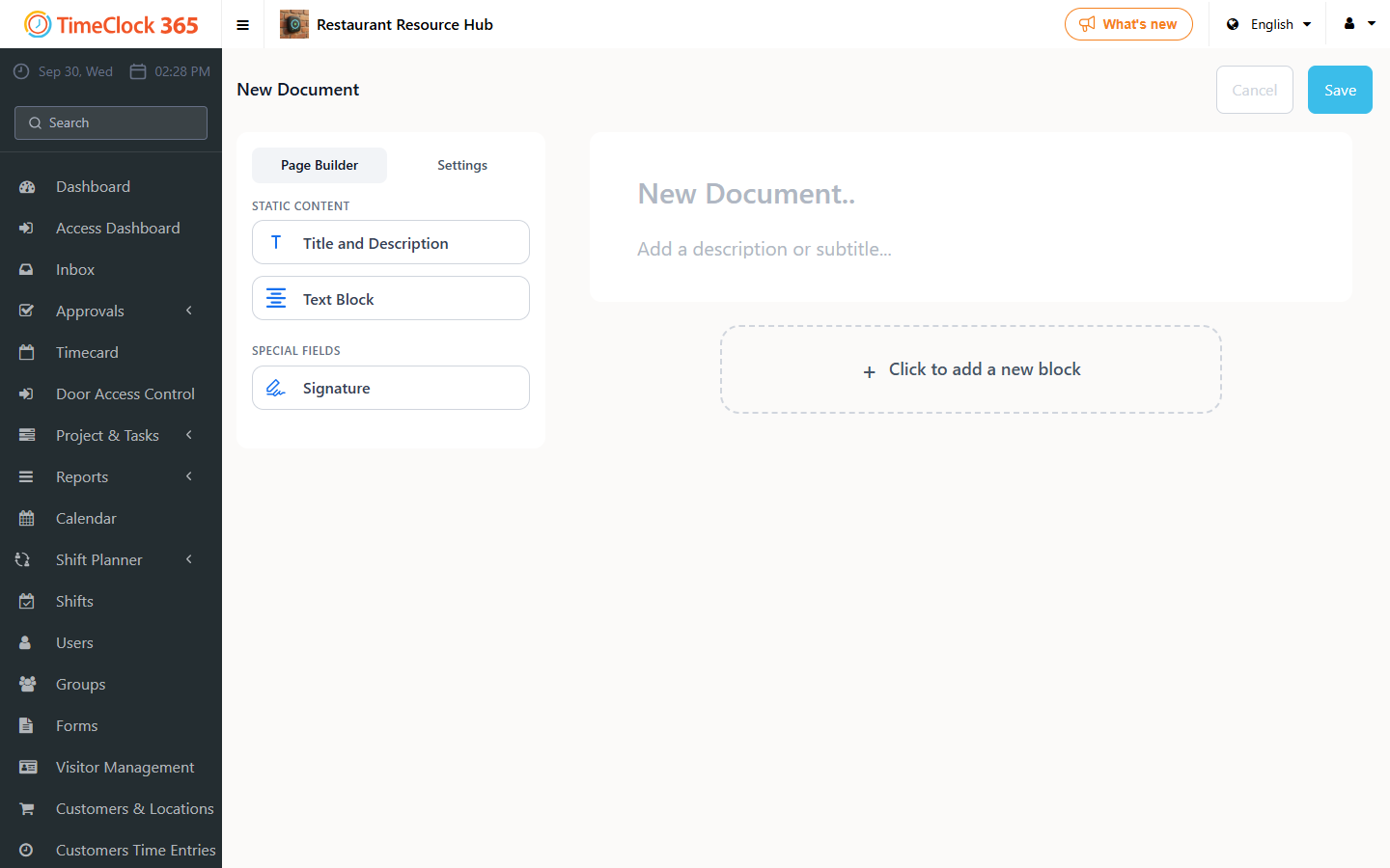 Document Manager - New Document page builder with Title and Description, Text Block and Signature blocks