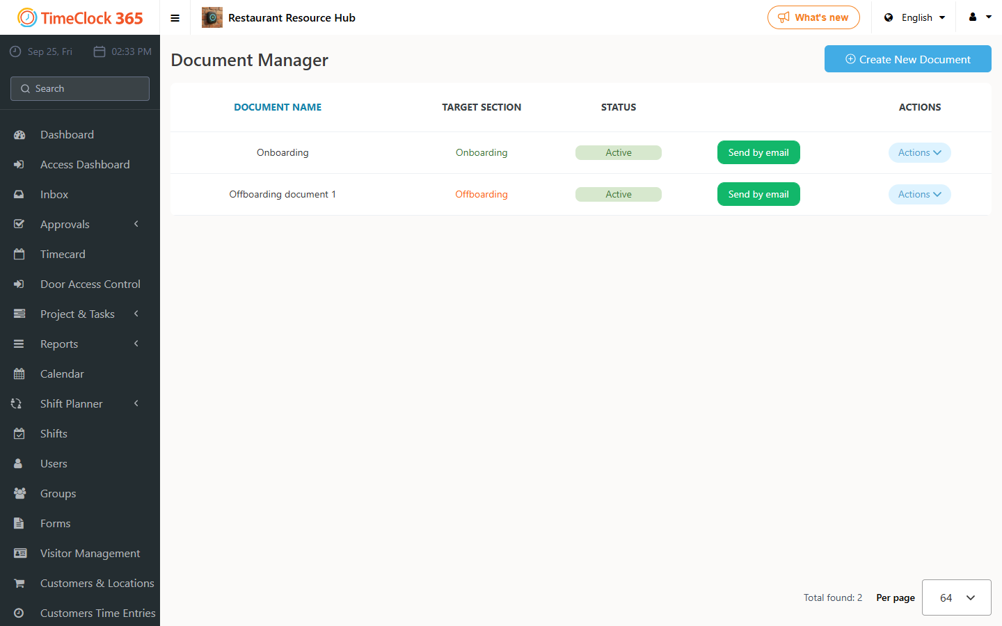Document Manager screen for sending signed documents to employees