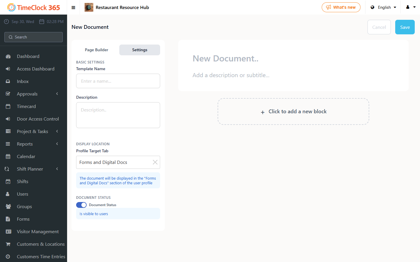 Document Manager - document Settings with Template Name, Profile Target Tab and Document Status