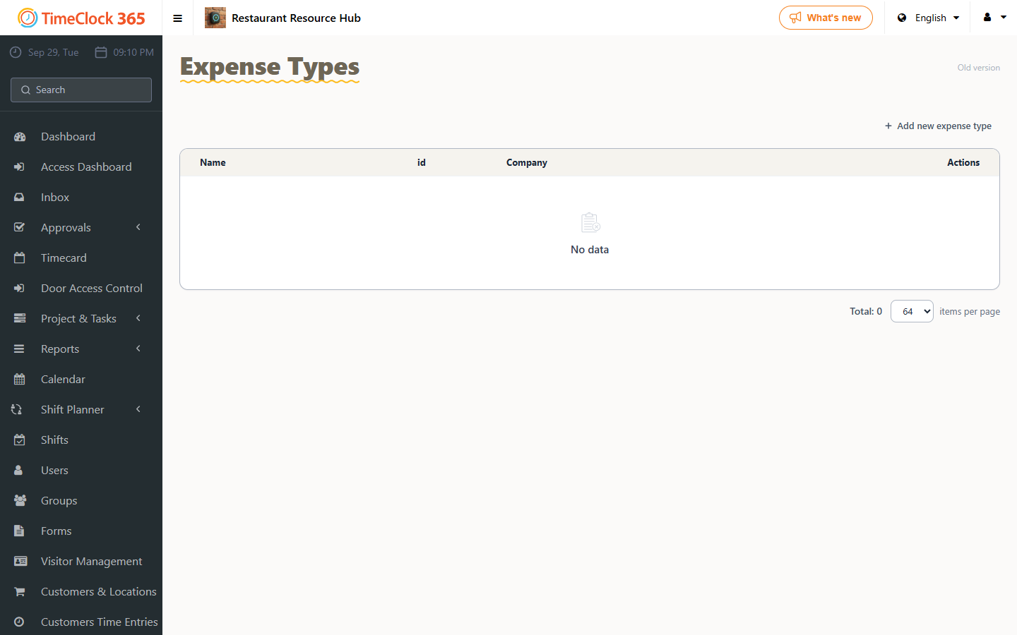 Expense Types list with Add new expense type