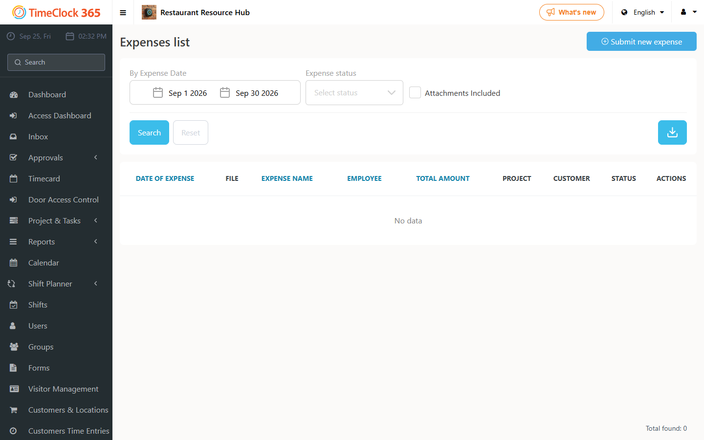 Expenses list with Submit new expense option