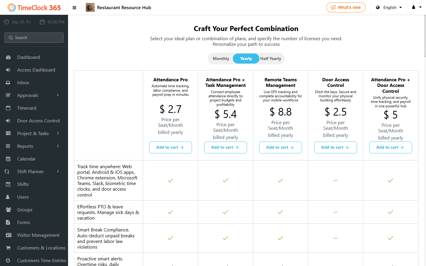 Plans and pricing page with Add to Cart buttons