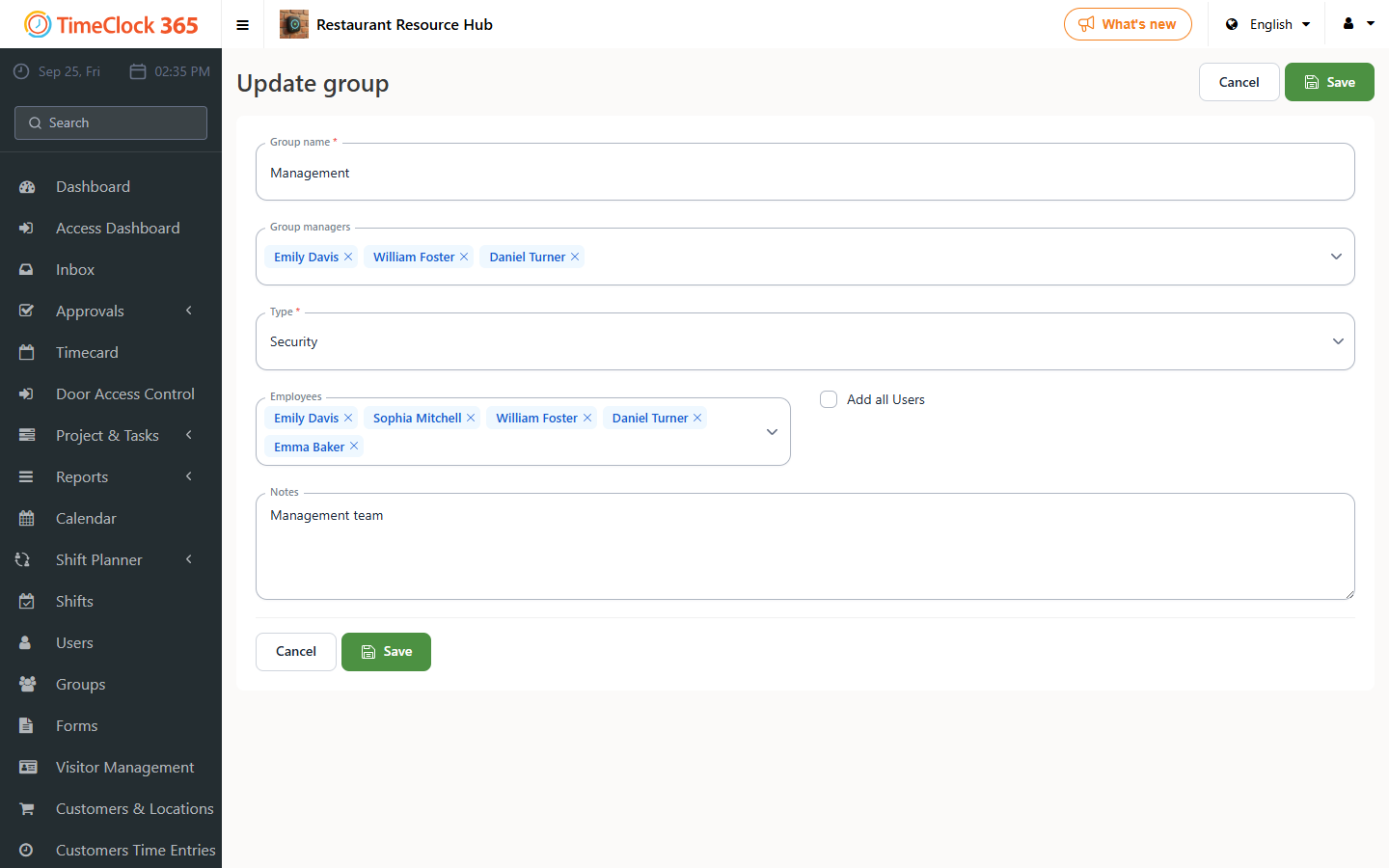 Update Group page with managers and employees fields