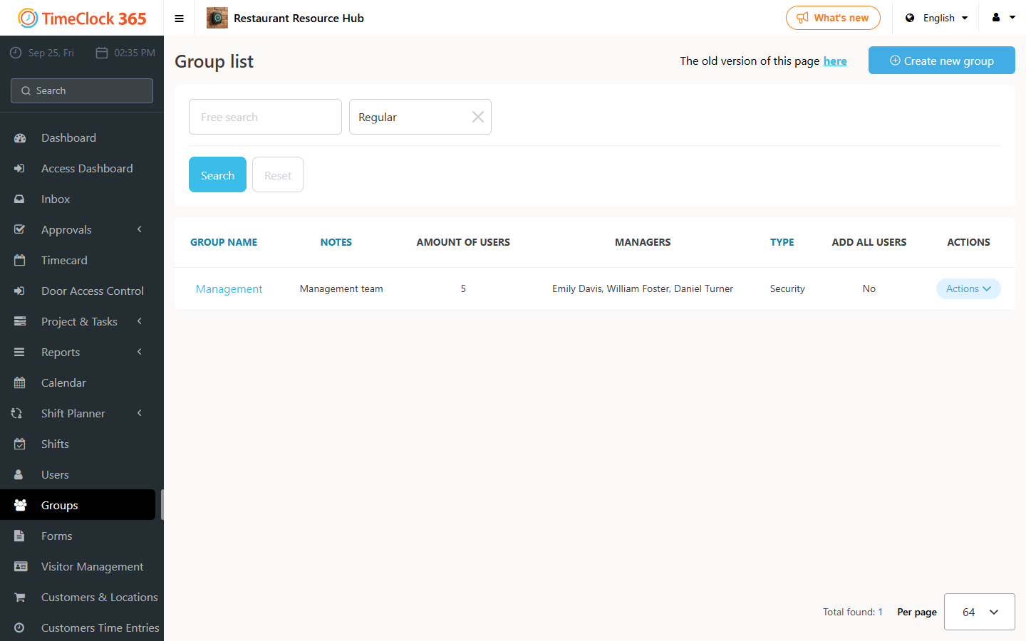 Group list page with the Create new group option