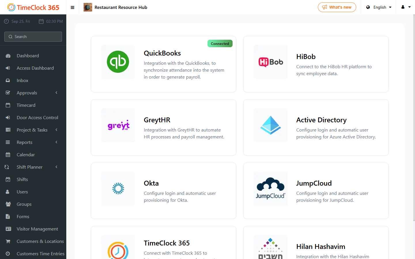Integrations page showing the HiBob connection option