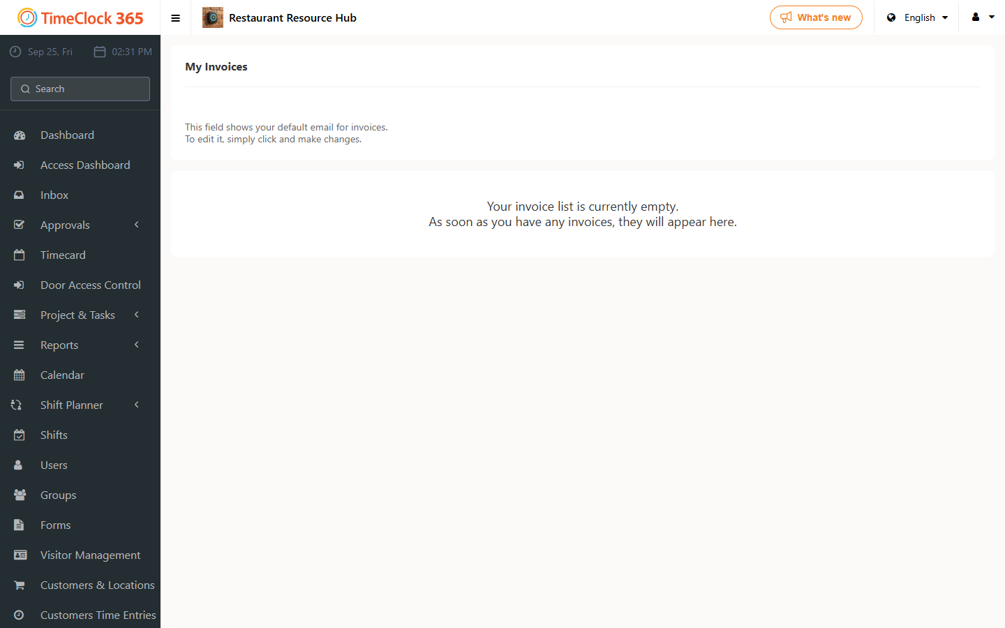 My Invoices page with billing email field