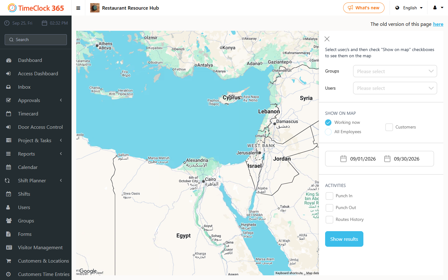 Live Map showing employees and their locations