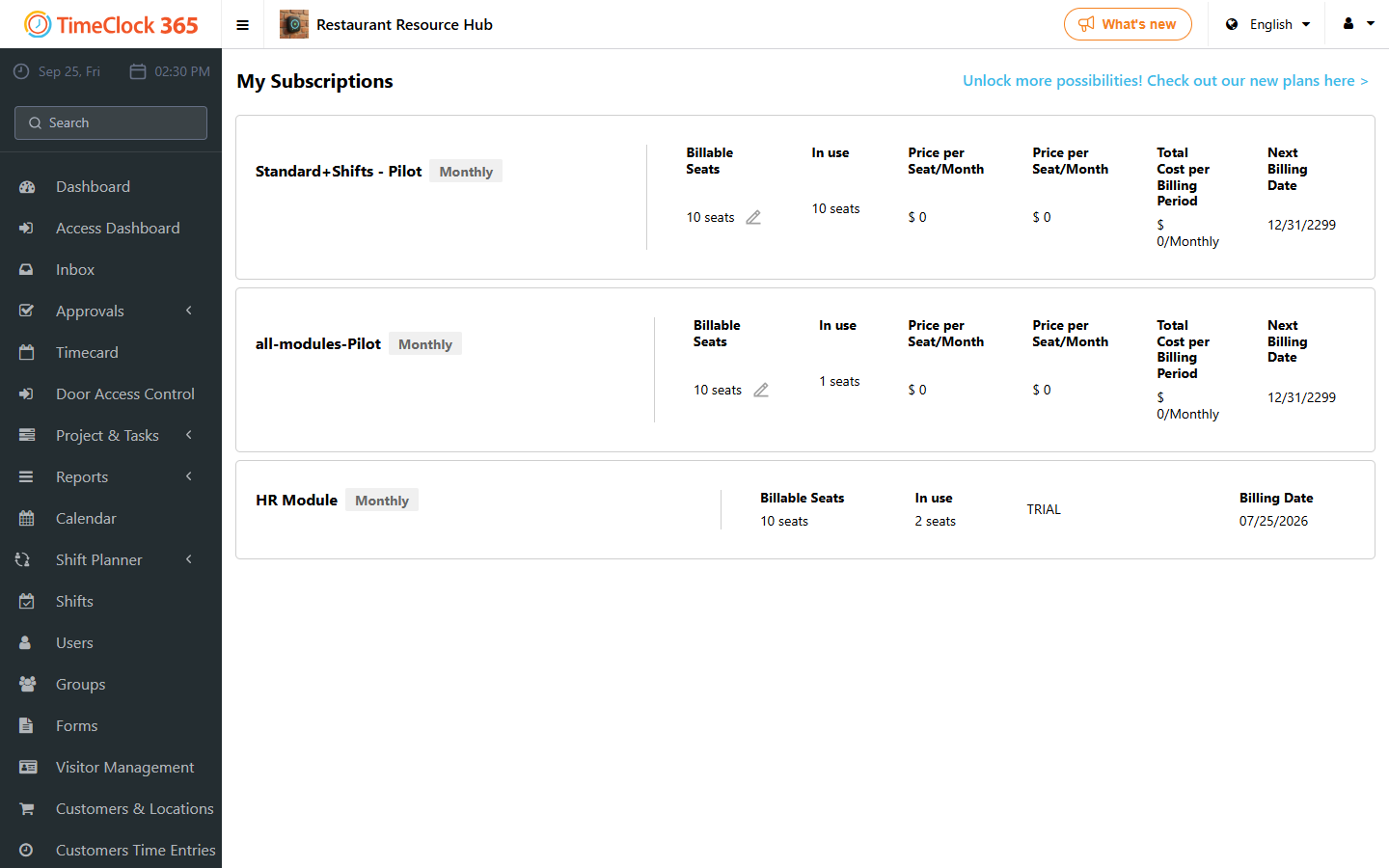 My Subscriptions page with seats in use and edit seats