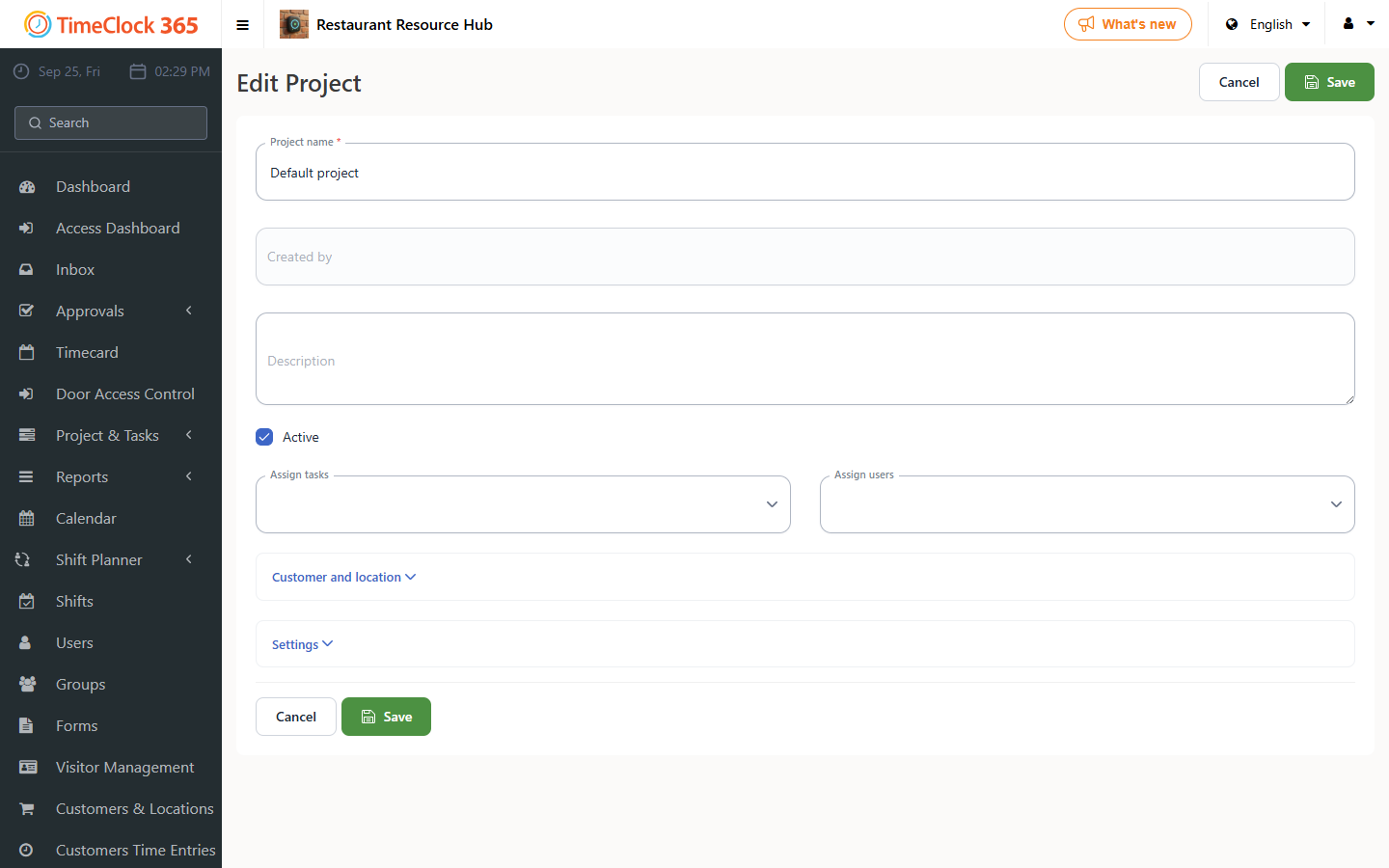 Edit Project screen with name and IIA-linked settings
