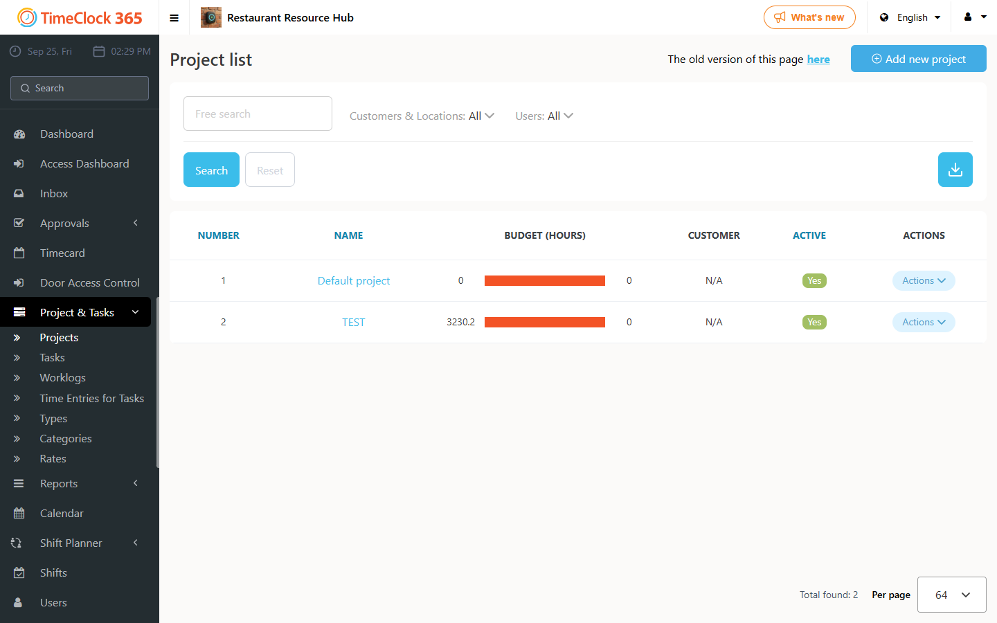 Project list with Actions menu and Duplicate option