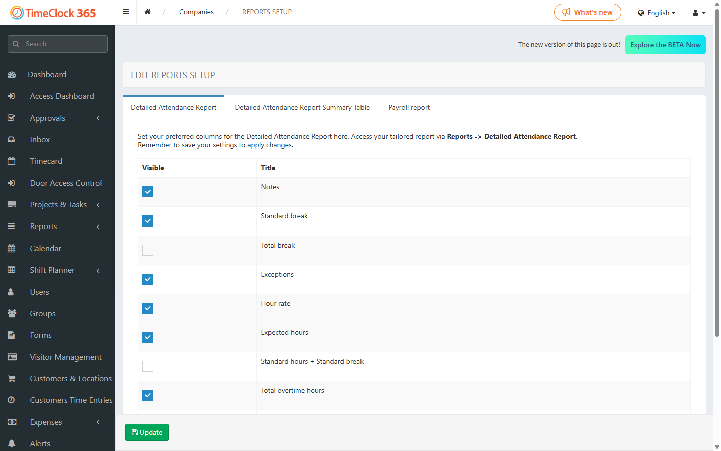 Reports Setup page for choosing report columns