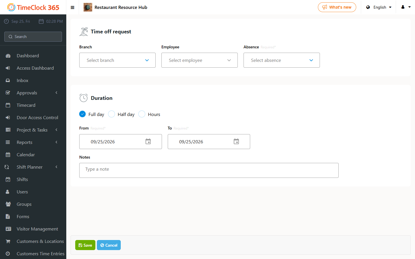 Time off request form with employee and duration fields