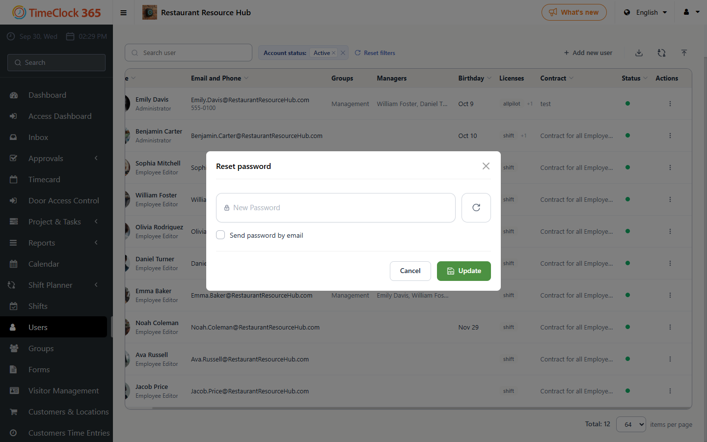Reset password window with New Password, Send password by email and Update