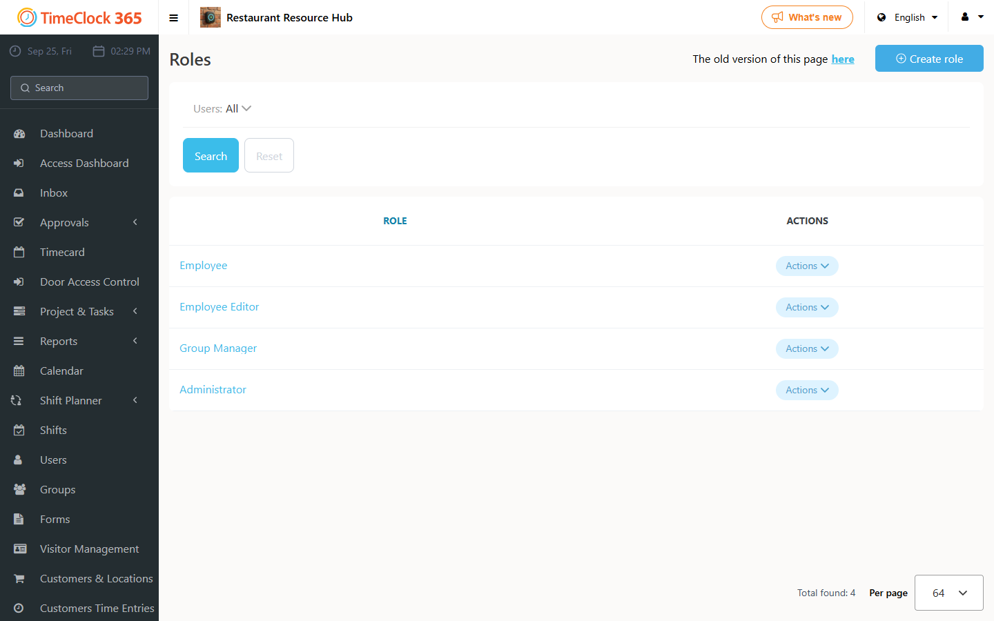 Roles list page with the Create role option