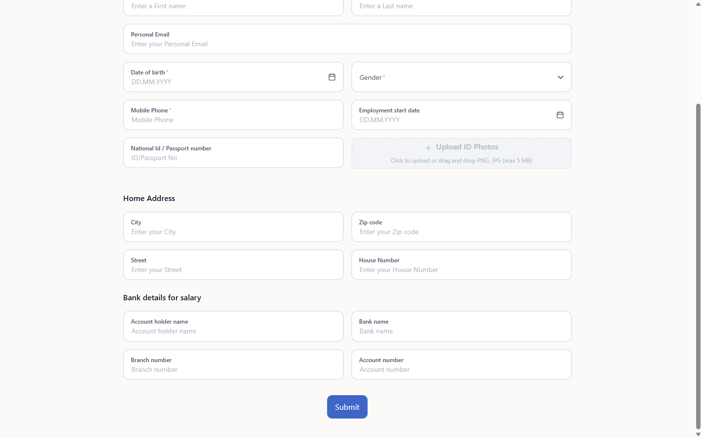Registration form - home address, bank details for salary and Submit button