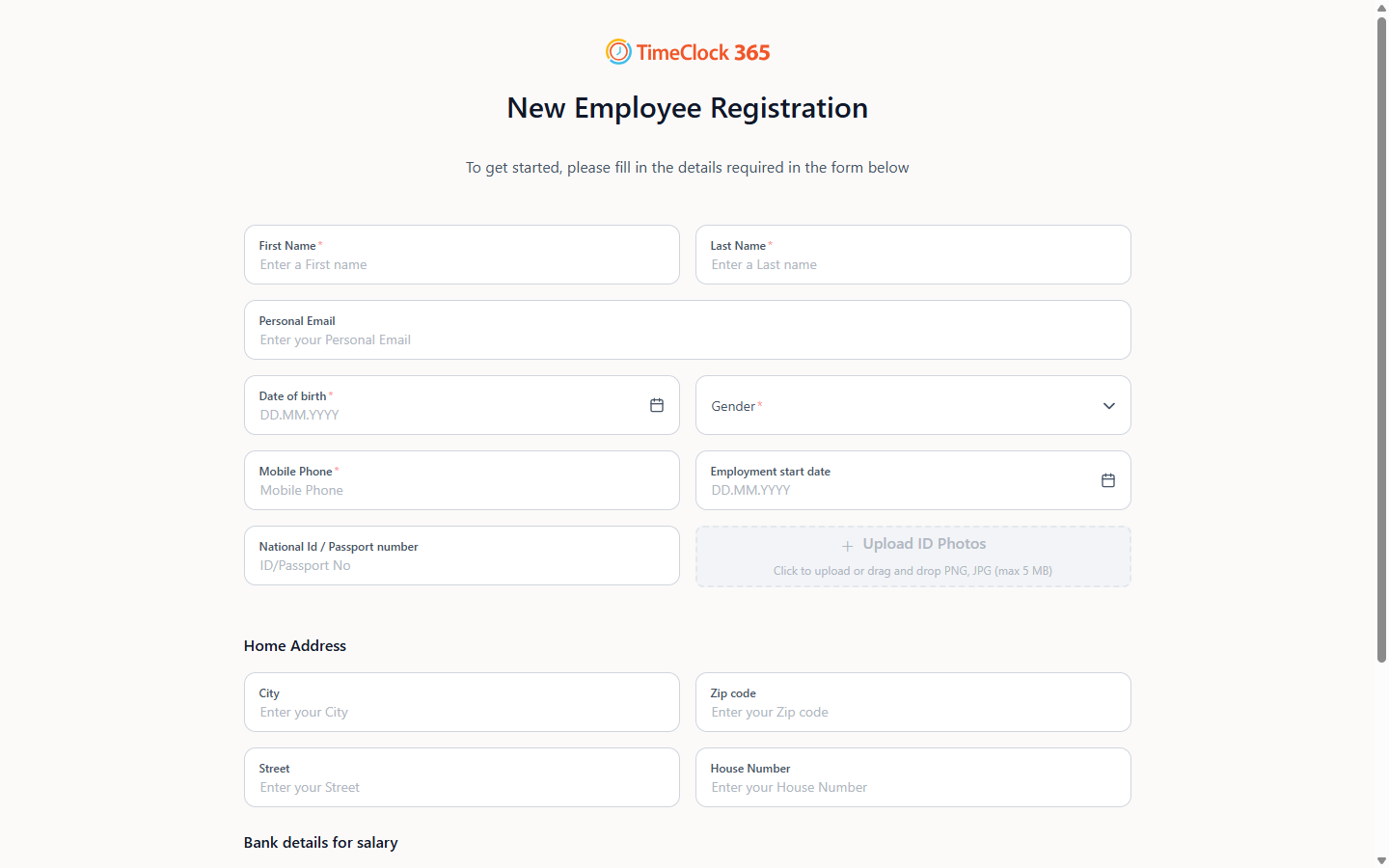 New Employee Registration form - personal details and ID upload