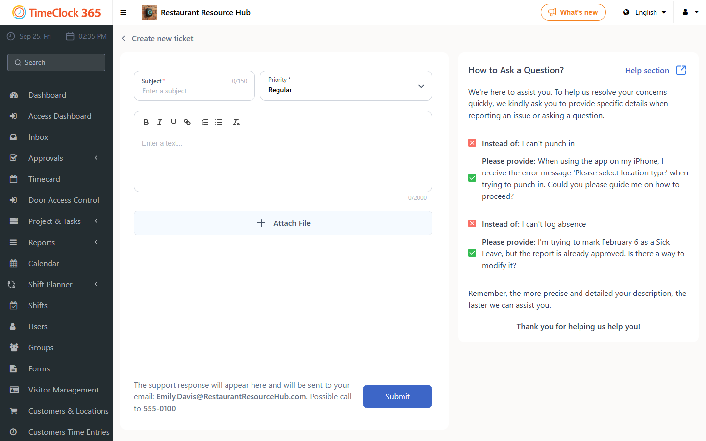 Create new support ticket form with subject and content fields