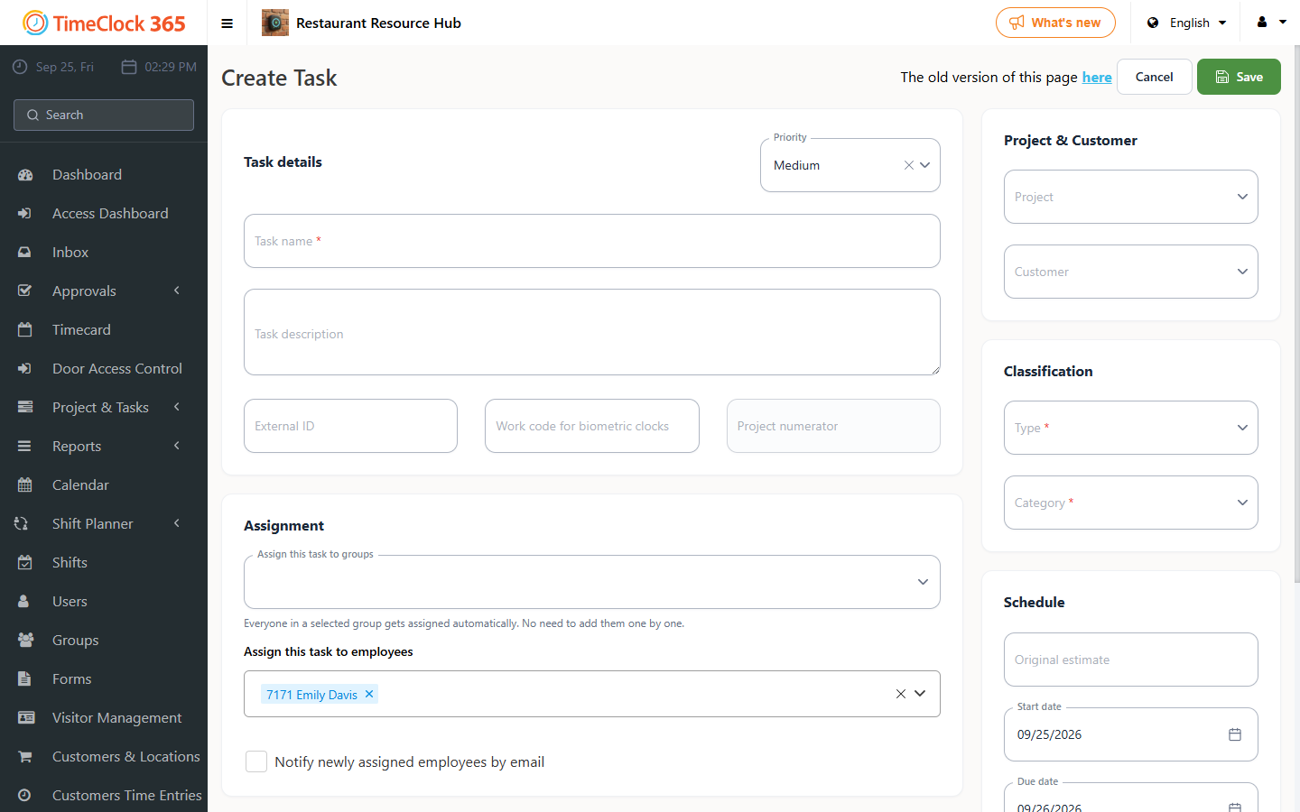 Create Task form with task name and project fields