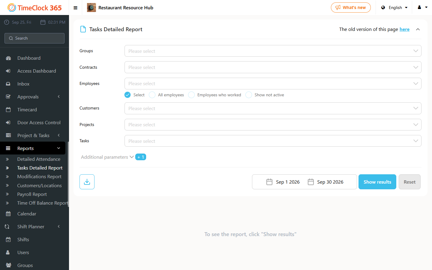 Tasks Detailed Report filters with Download options