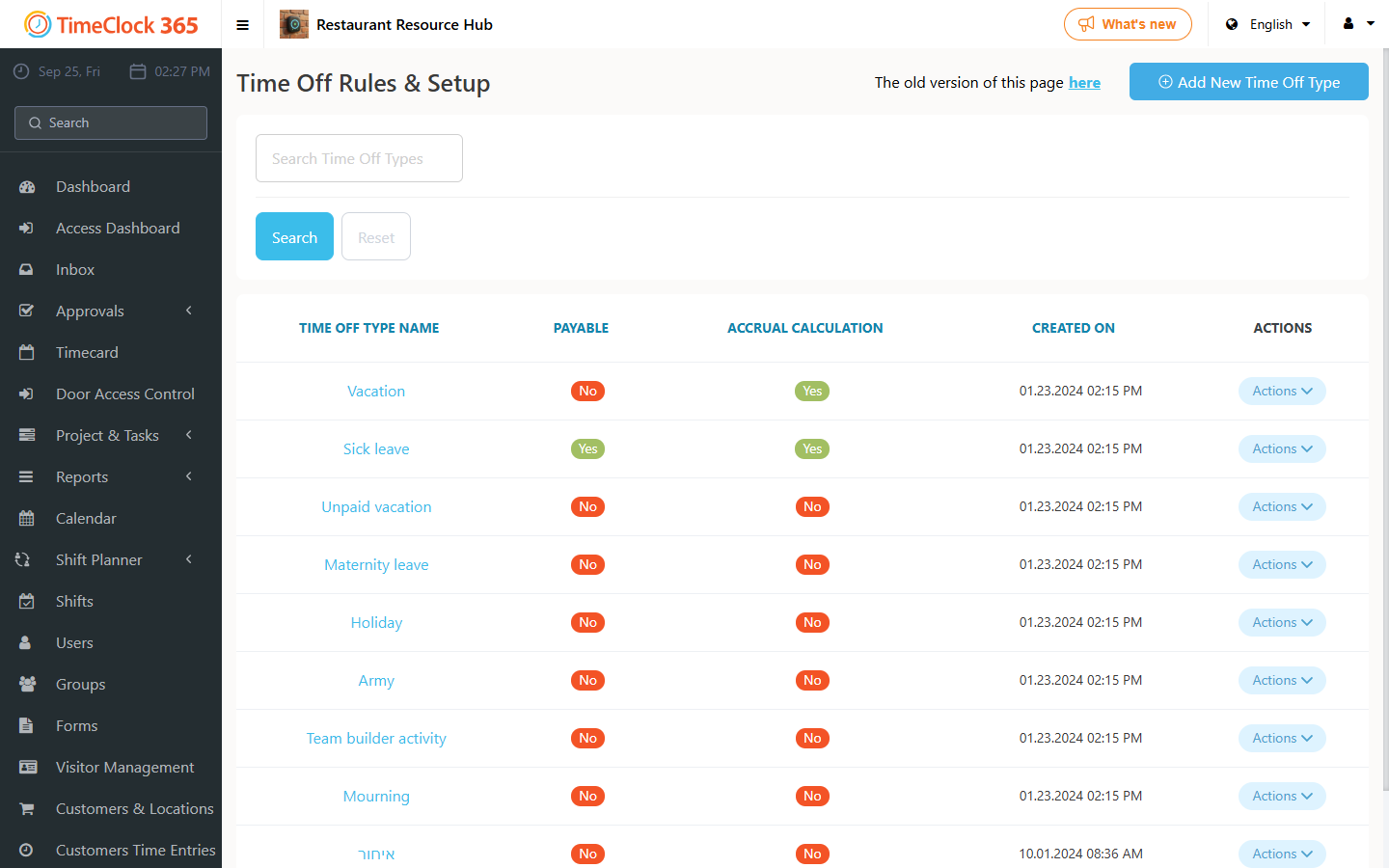 Time Off Rules and Setup list with Add New Time Off Type