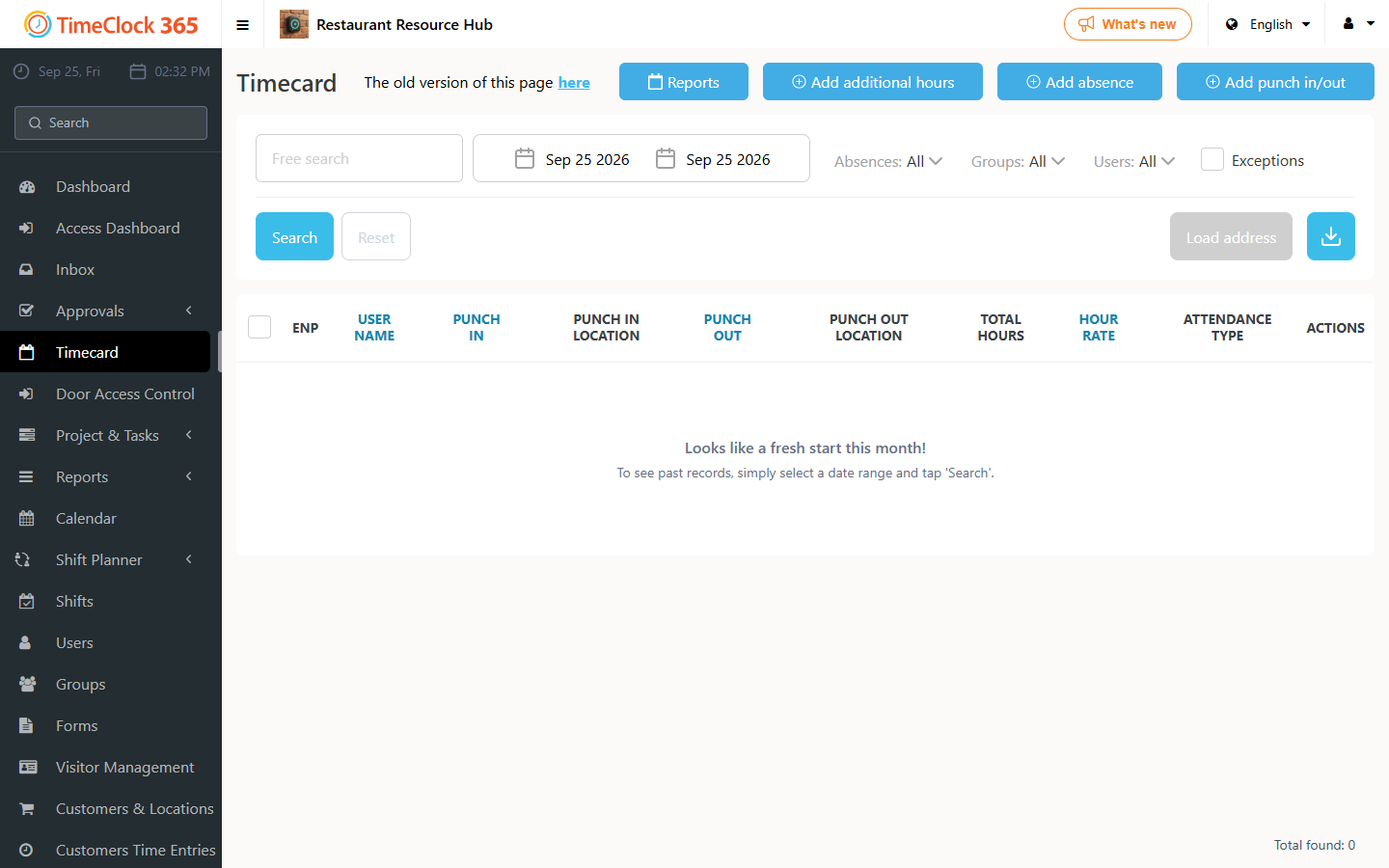 Timecard page with time off filters