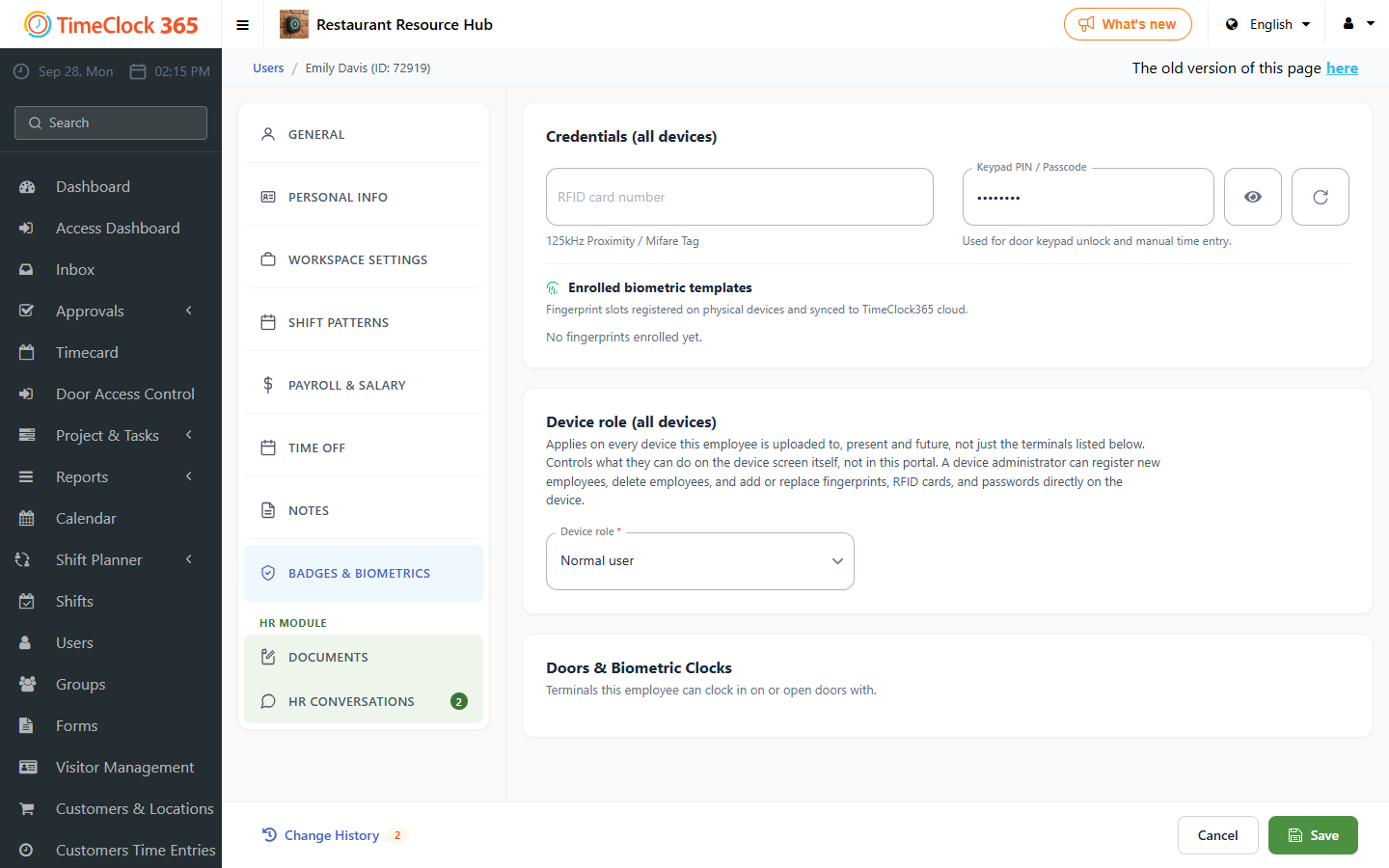 User Badges and Biometrics tab with device role setting