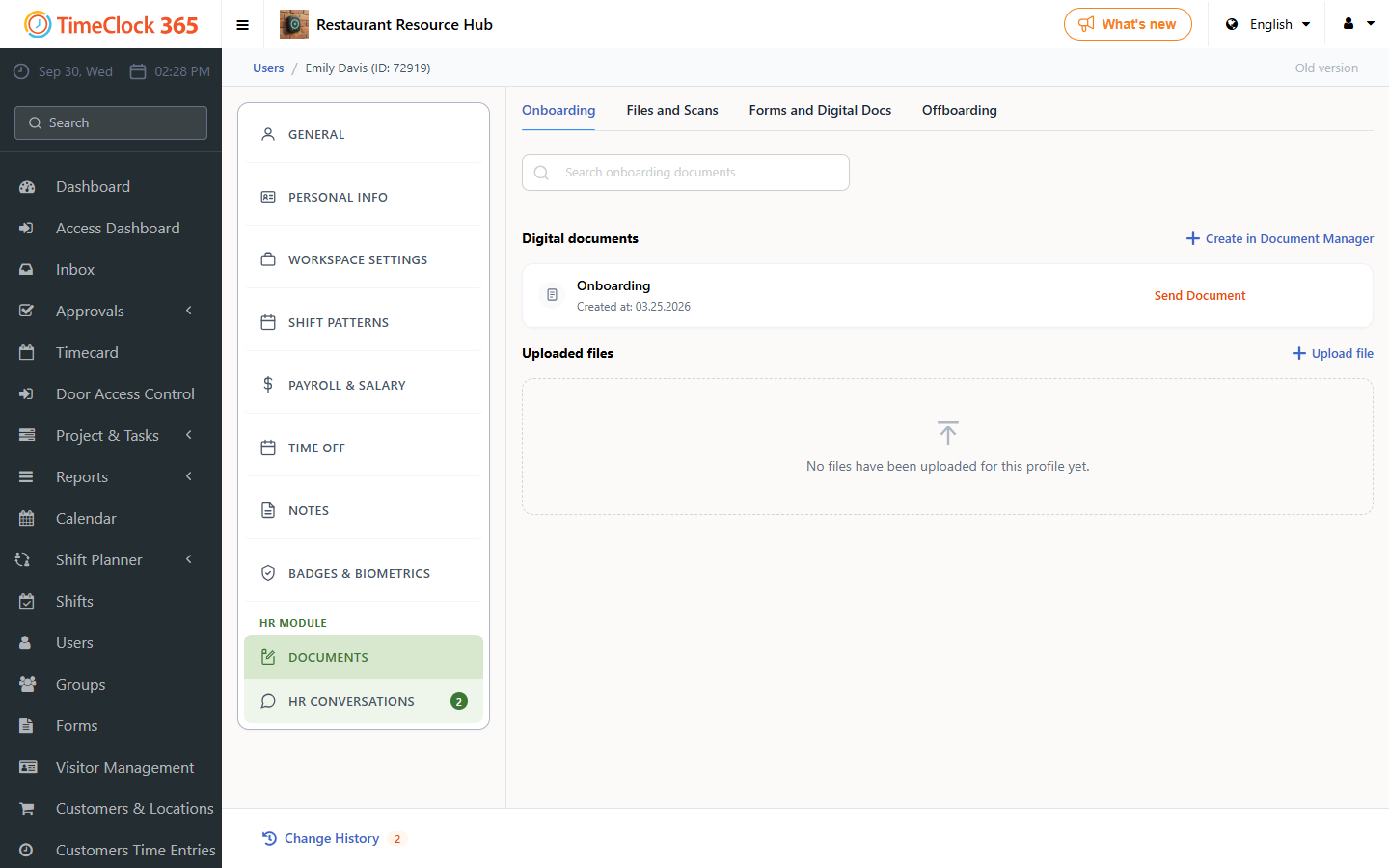User profile - HR module Documents with Onboarding, Files and Scans, Forms and Digital Docs and Offboarding tabs