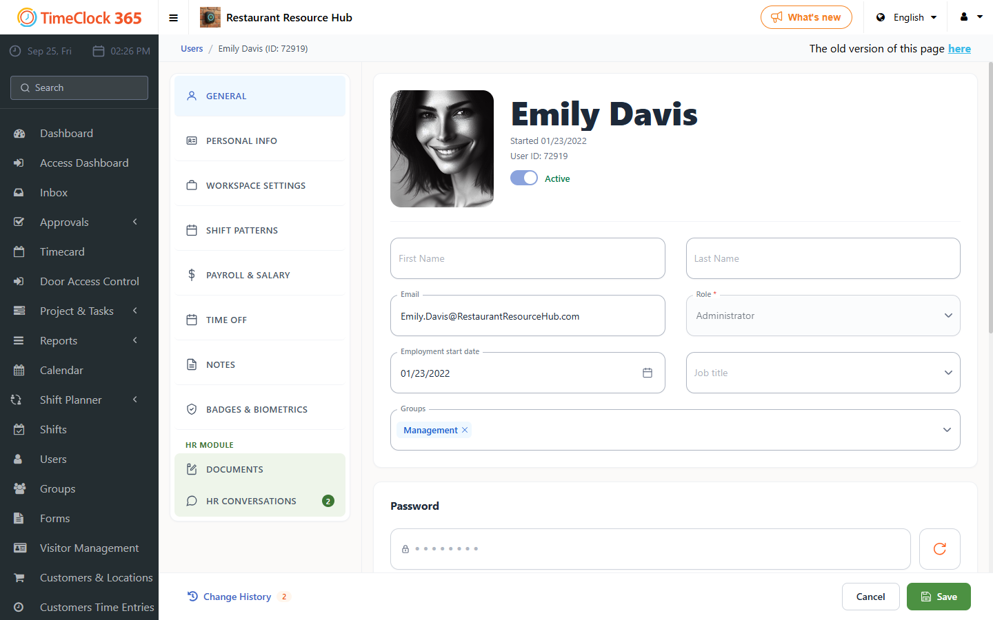 User card General tab with name, email, role, and other required fields