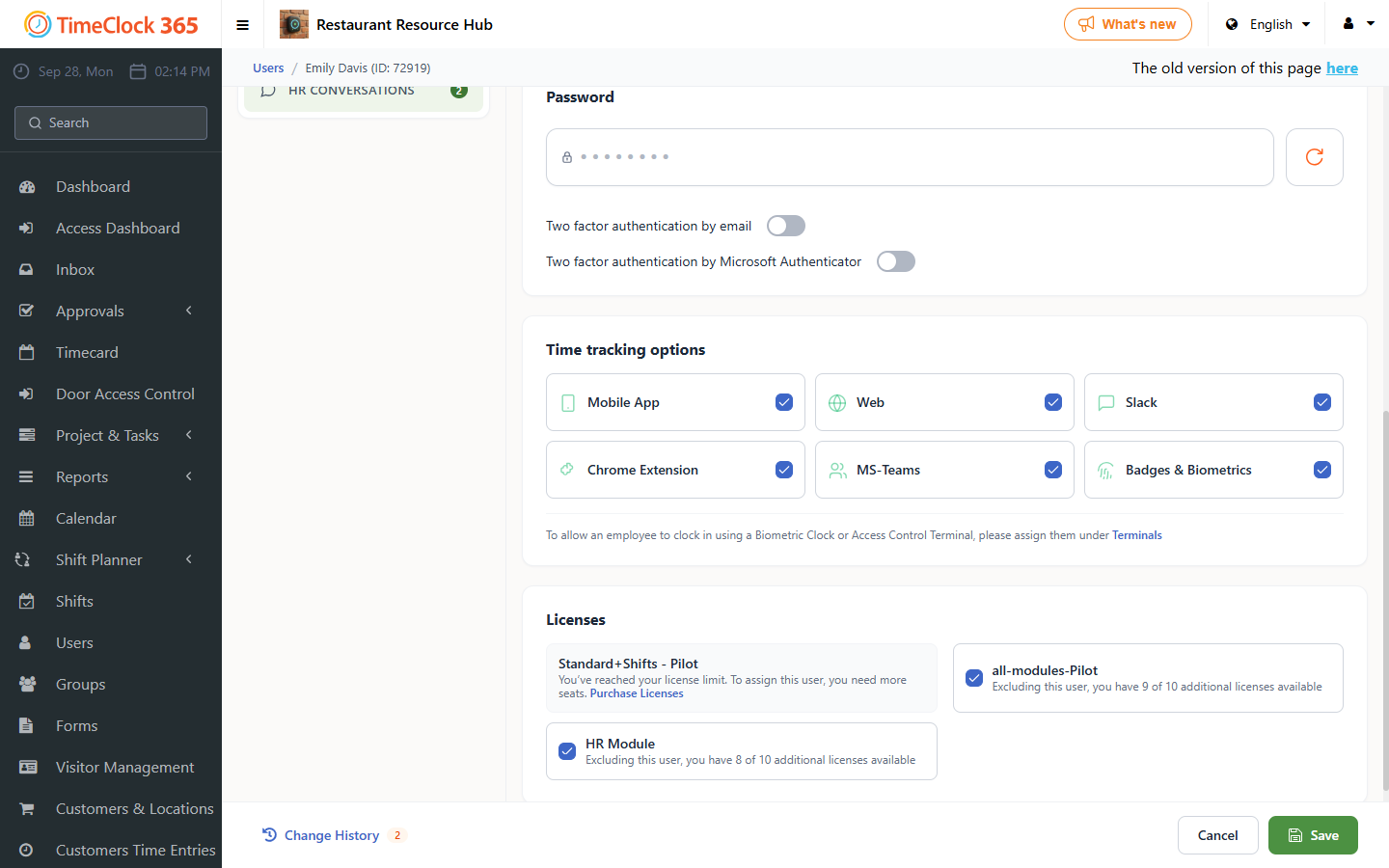 User Password tab with two factor authentication switches